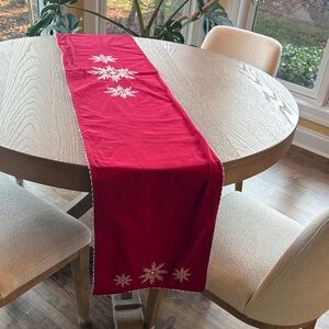 Red Table Runner with Snowflake Design
